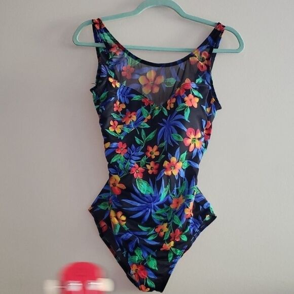 VINTAGE Floral Print bathing suit with Sheer Neckline - Picture 1 of 5